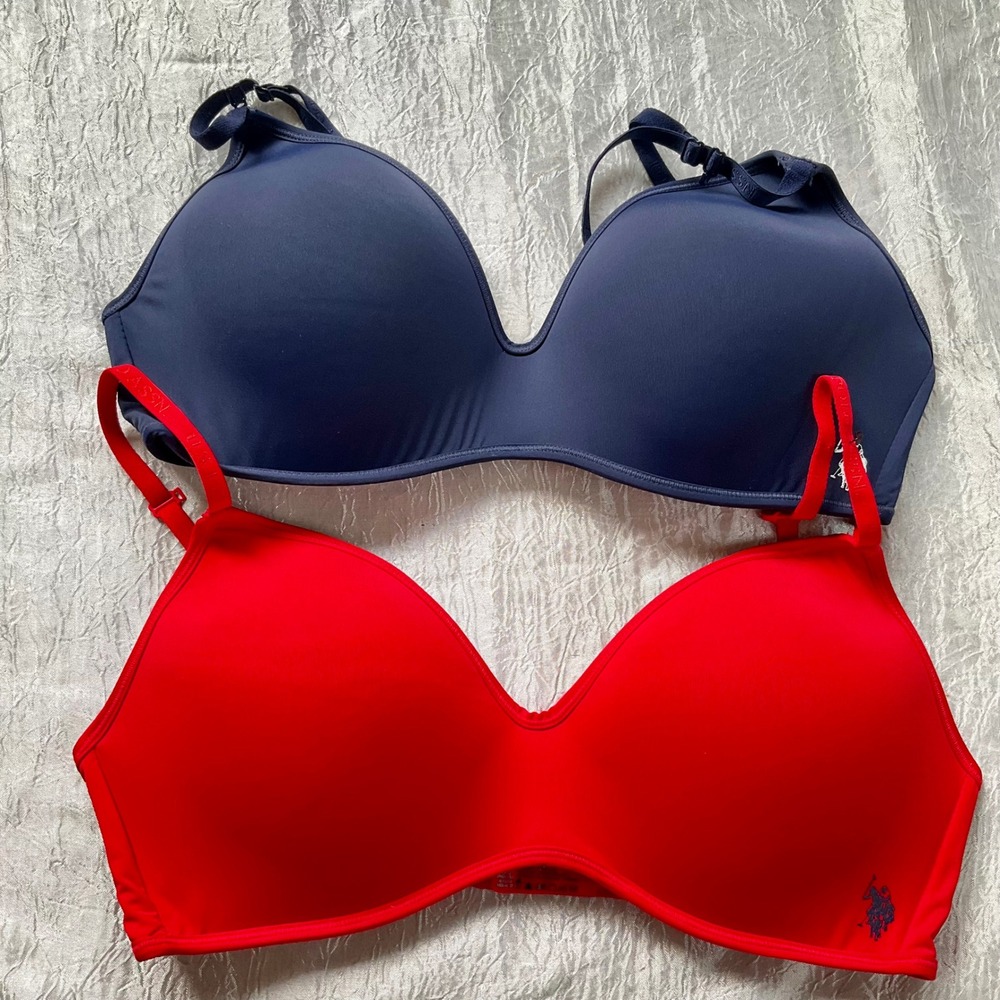 US Polo Assn 2 Pack Wireless T-Shirt Bras Red Navy Blue‎ 38C Logo Print Comfort